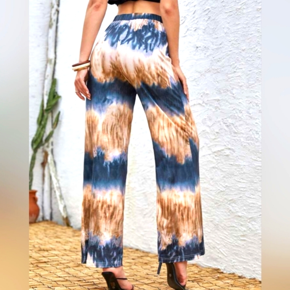 Leshop Women Sexy Tie Dye Wide Leg Flare High Waist Stretchy Wais Pants Size S/P
